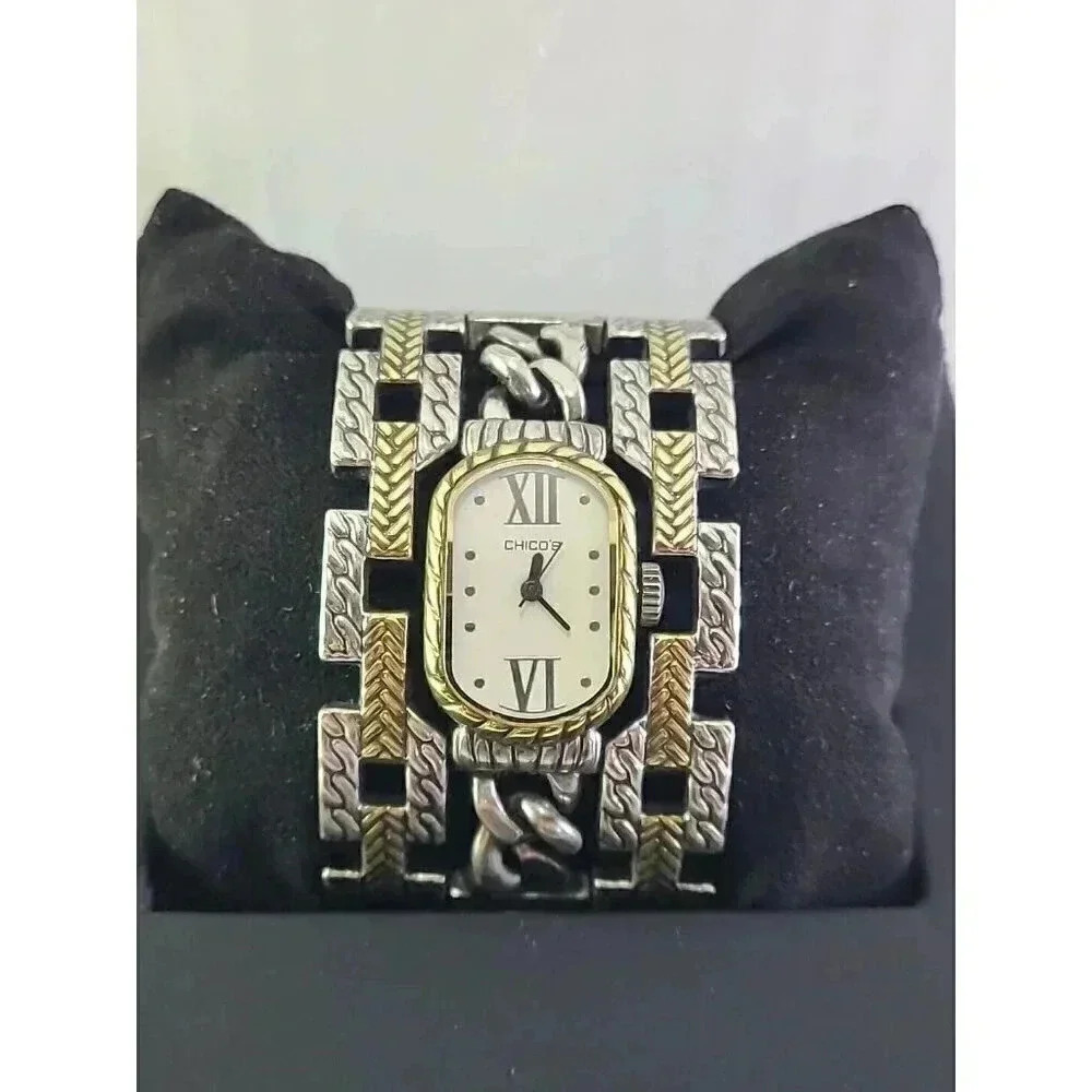 Womens Chicos 37mm Wide Hinged Bangle Watch Gold & Silver Tone New Battery